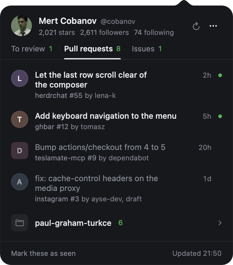 The GHBar panel: tabs for reviews, pull requests and issues, each row with its author